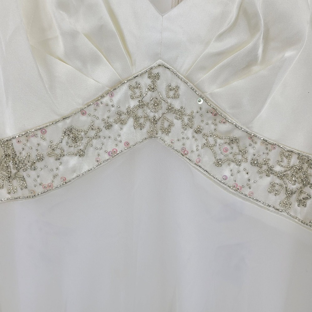 90s Ivory Satin Chiffon Tiered Lingerie Nightgown‎ Sz XL Rhinestone Tail Bridal - Picture 2 of 12